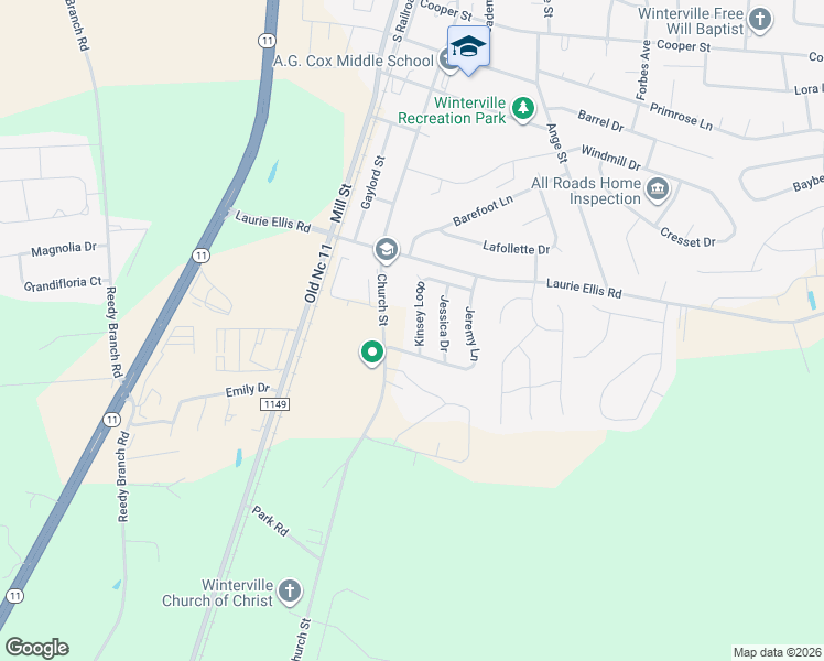 map of restaurants, bars, coffee shops, grocery stores, and more near 2982 Kinsey Loop in Winterville