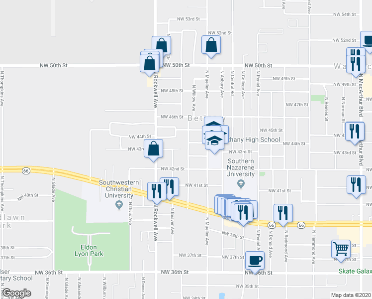 map of restaurants, bars, coffee shops, grocery stores, and more near 4407 North Willow Avenue in Bethany