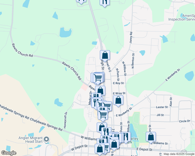 map of restaurants, bars, coffee shops, grocery stores, and more near 32 Knollwood Court in Angier