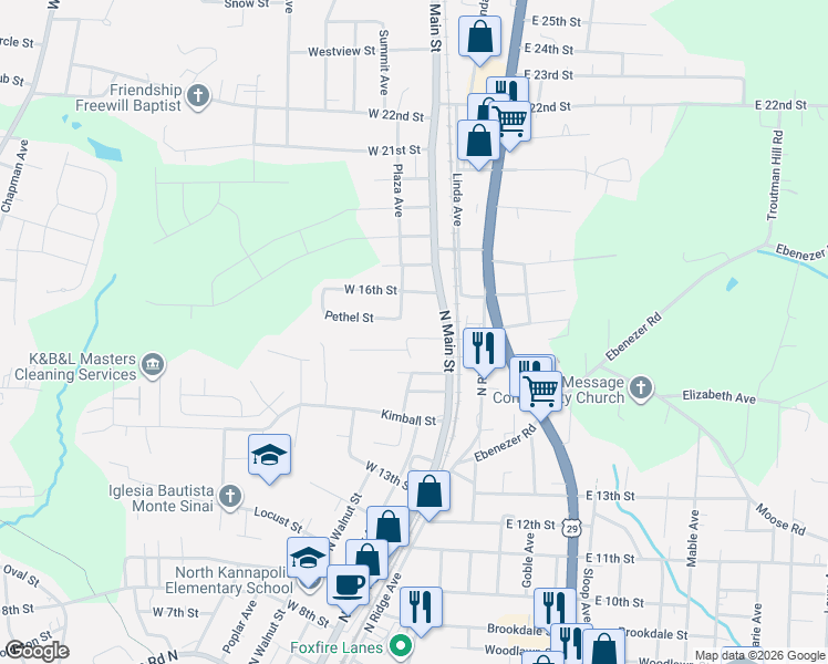 map of restaurants, bars, coffee shops, grocery stores, and more near 1527 North Main Street in Kannapolis