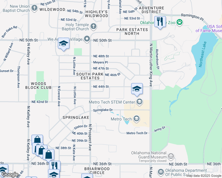 map of restaurants, bars, coffee shops, grocery stores, and more near 1701 Northeast 44th Street in Oklahoma City