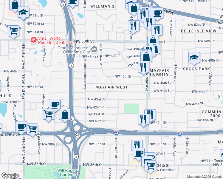 map of restaurants, bars, coffee shops, grocery stores, and more near 4520 North Hamilton Drive in Oklahoma City