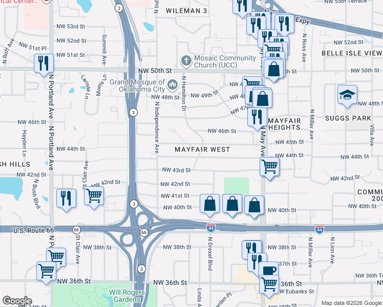 map of restaurants, bars, coffee shops, grocery stores, and more near 3124 Northwest 45th Street in Oklahoma City