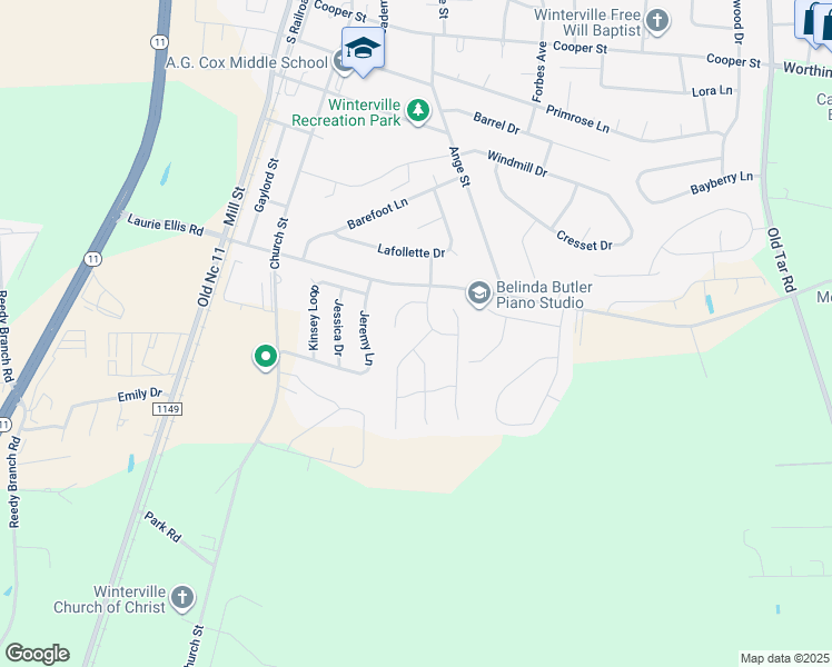 map of restaurants, bars, coffee shops, grocery stores, and more near 2914 Fox Glove Drive in Winterville