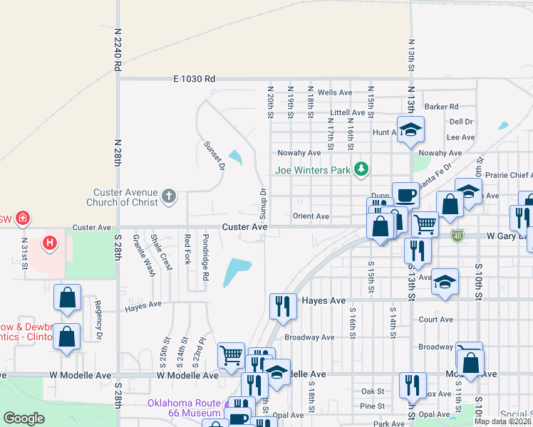 map of restaurants, bars, coffee shops, grocery stores, and more near 101 The Hills Street in Clinton