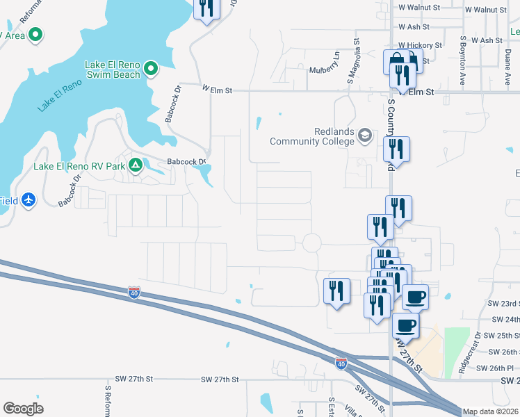 map of restaurants, bars, coffee shops, grocery stores, and more near 1856 Land Run Dr in El Reno