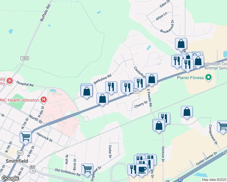 map of restaurants, bars, coffee shops, grocery stores, and more near 32 West Waddell Drive in Smithfield