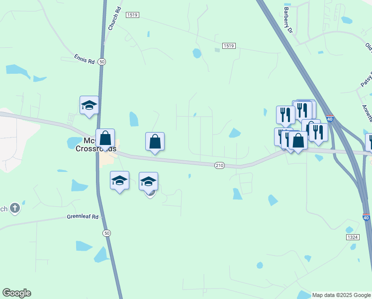 map of restaurants, bars, coffee shops, grocery stores, and more near 13032 North Carolina 210 in Benson