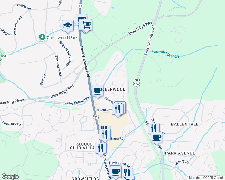 map of restaurants, bars, coffee shops, grocery stores, and more near 120 Deerlake Drive in Asheville