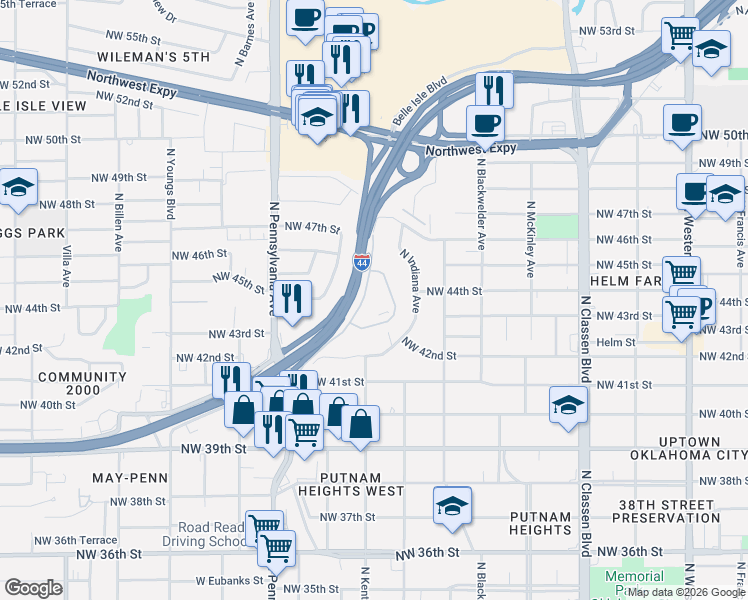 map of restaurants, bars, coffee shops, grocery stores, and more near 4400 Hemingway Drive in Oklahoma City
