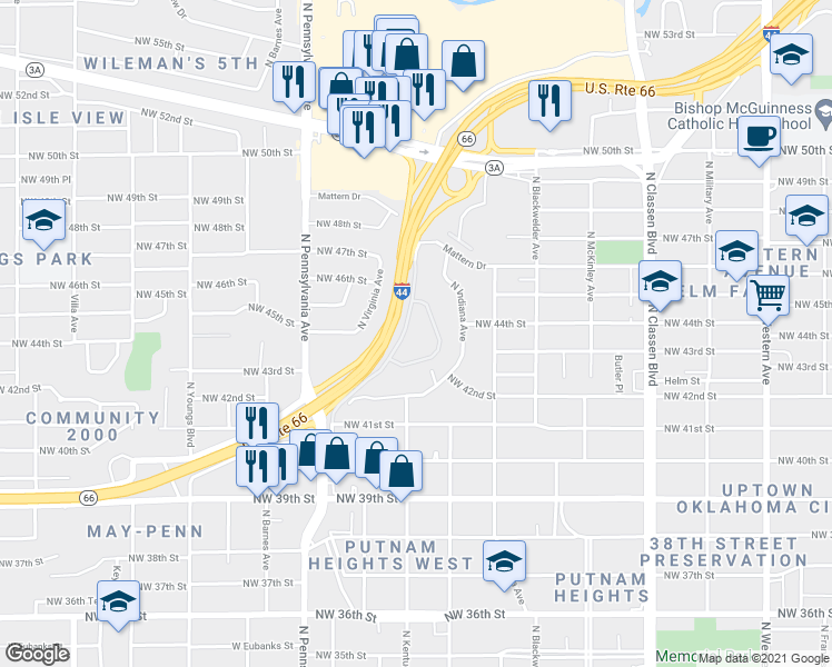 map of restaurants, bars, coffee shops, grocery stores, and more near 4400 Hemingway Drive in Oklahoma City