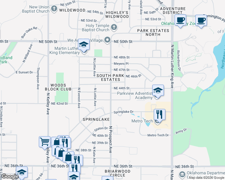 map of restaurants, bars, coffee shops, grocery stores, and more near 1500 Northeast 44th Street in Oklahoma City