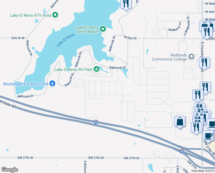 map of restaurants, bars, coffee shops, grocery stores, and more near 1411 Babcock Drive in El Reno