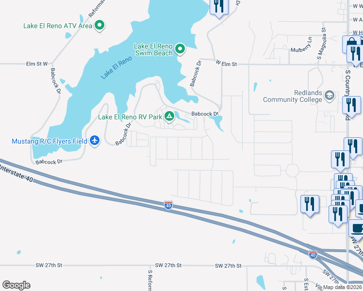 map of restaurants, bars, coffee shops, grocery stores, and more near 1411 Babcock Drive in El Reno