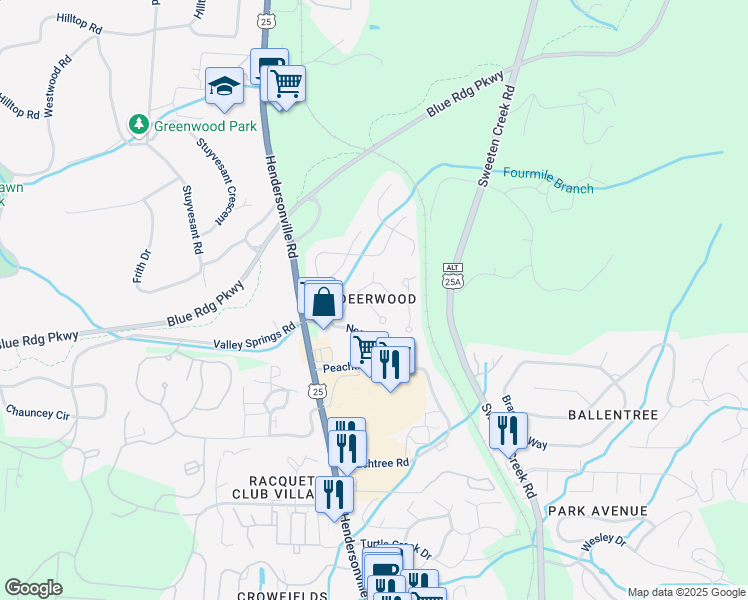 map of restaurants, bars, coffee shops, grocery stores, and more near 120 Deerlake Drive in Asheville