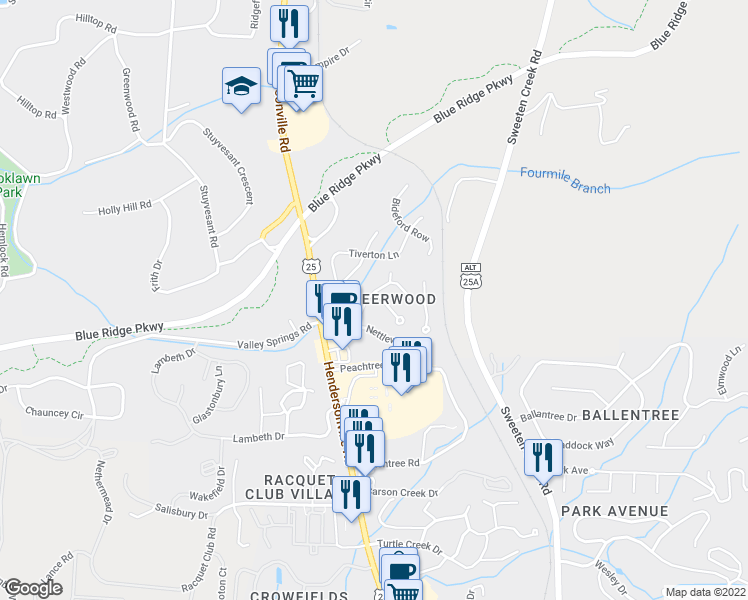 map of restaurants, bars, coffee shops, grocery stores, and more near 120 Deerlake Drive in Asheville