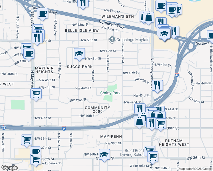 map of restaurants, bars, coffee shops, grocery stores, and more near 4512 North Billen Avenue in Oklahoma City