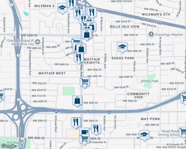 map of restaurants, bars, coffee shops, grocery stores, and more near 2724 Northwest 45th Street in Oklahoma City