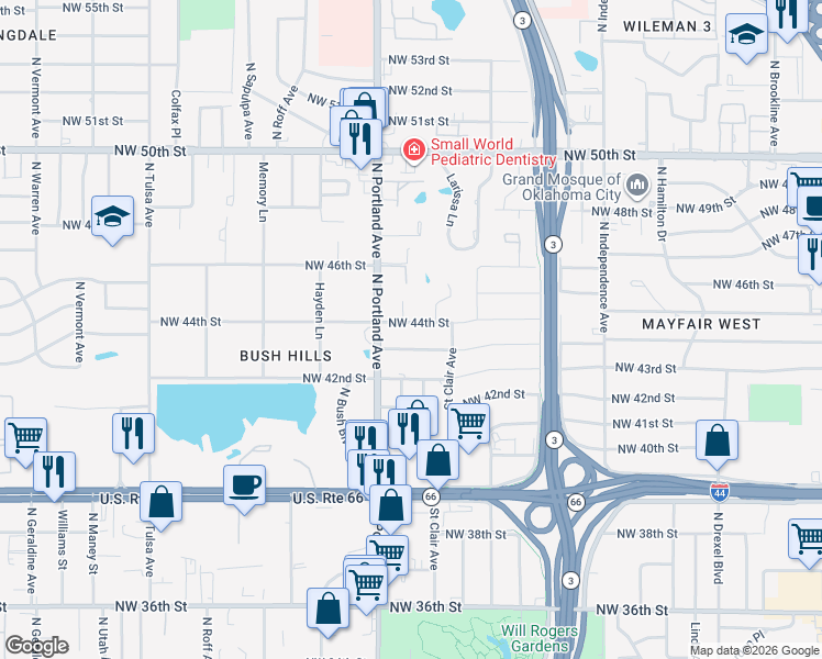 map of restaurants, bars, coffee shops, grocery stores, and more near 3621 Northwest 44th Street in Oklahoma City