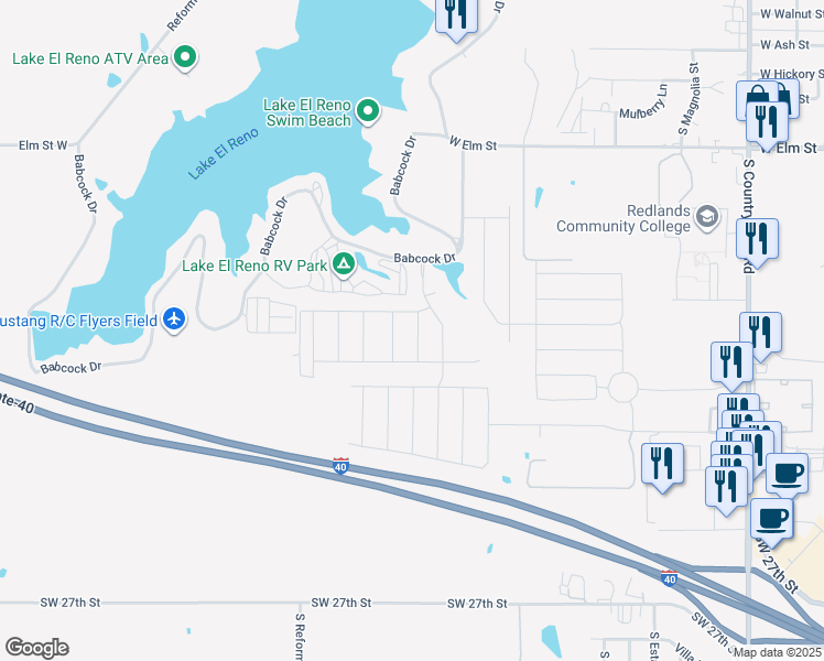 map of restaurants, bars, coffee shops, grocery stores, and more near 1507 Crimson Lake Boulevard in El Reno