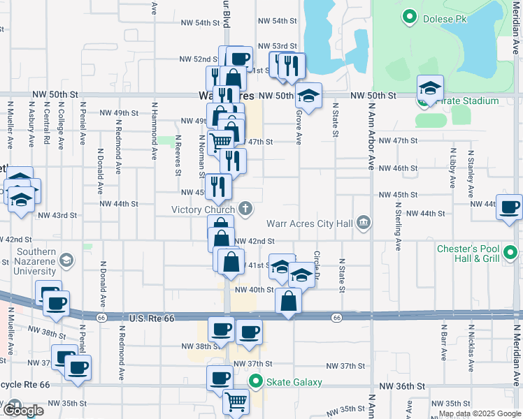map of restaurants, bars, coffee shops, grocery stores, and more near in Oklahoma City