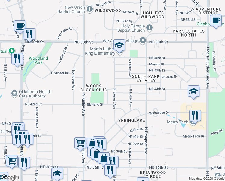 map of restaurants, bars, coffee shops, grocery stores, and more near 1204 Northeast 44th Street in Oklahoma City