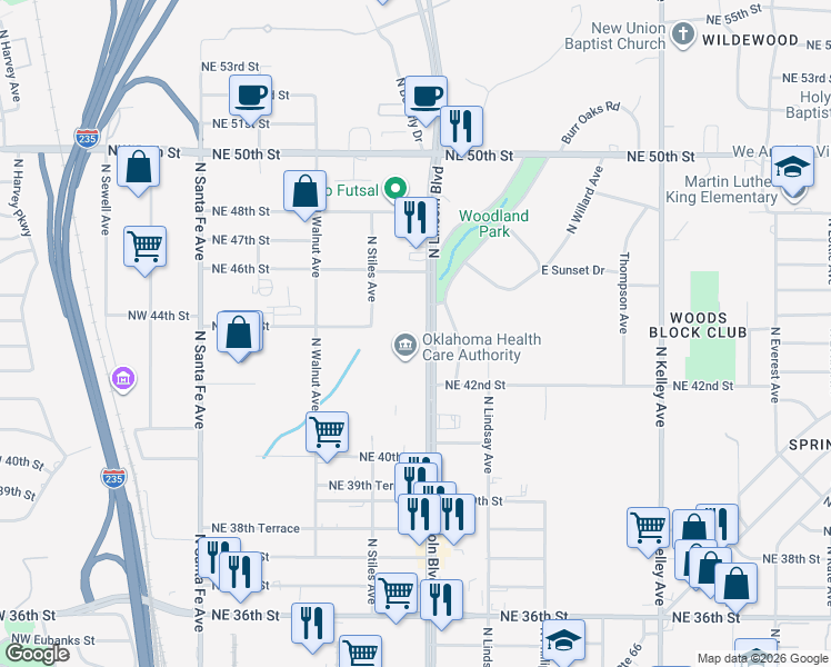 map of restaurants, bars, coffee shops, grocery stores, and more near 4445 North Lincoln Boulevard in Oklahoma City