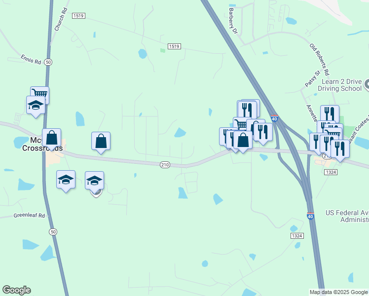 map of restaurants, bars, coffee shops, grocery stores, and more near 94 Daniel Farm Drive in Benson