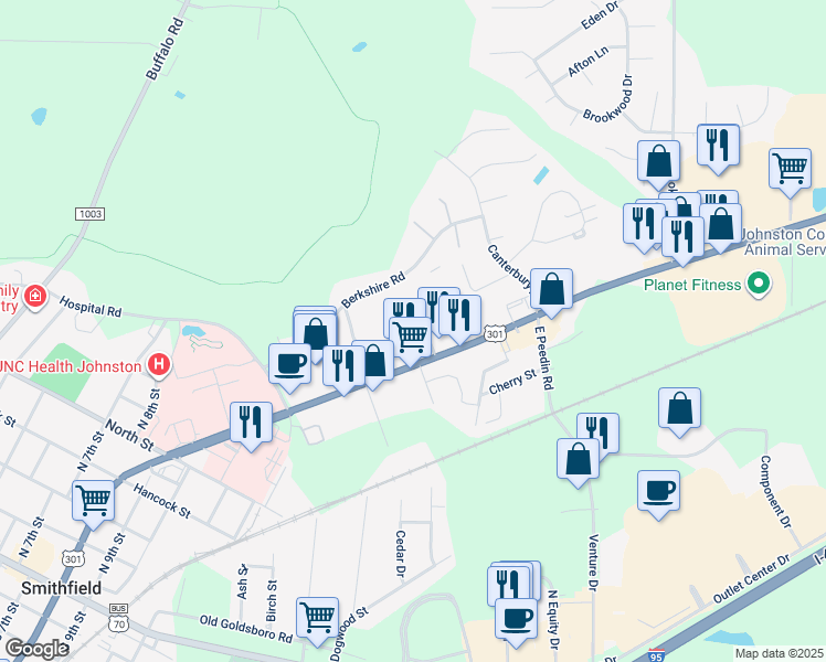 map of restaurants, bars, coffee shops, grocery stores, and more near 32 West Waddell Drive in Smithfield