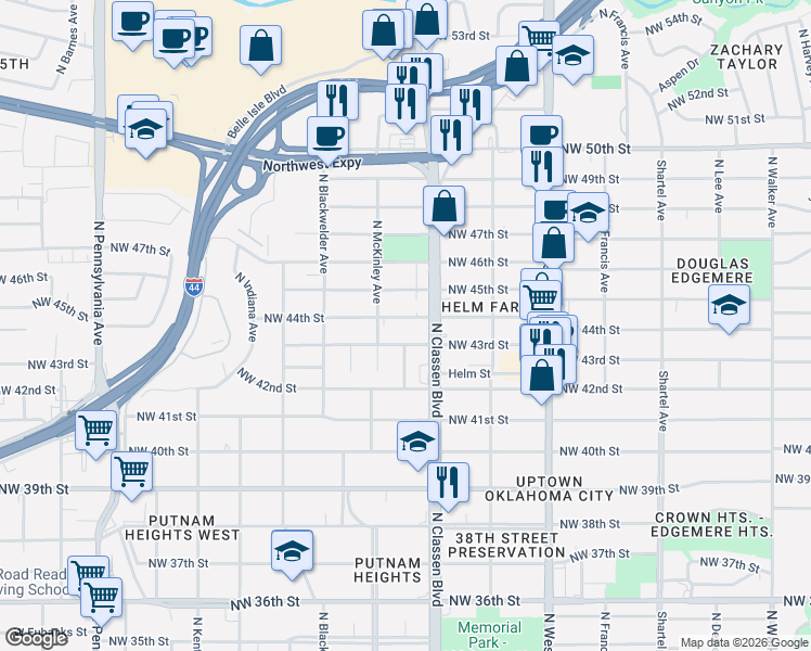 map of restaurants, bars, coffee shops, grocery stores, and more near 1435 Northwest 44th Street in Oklahoma City