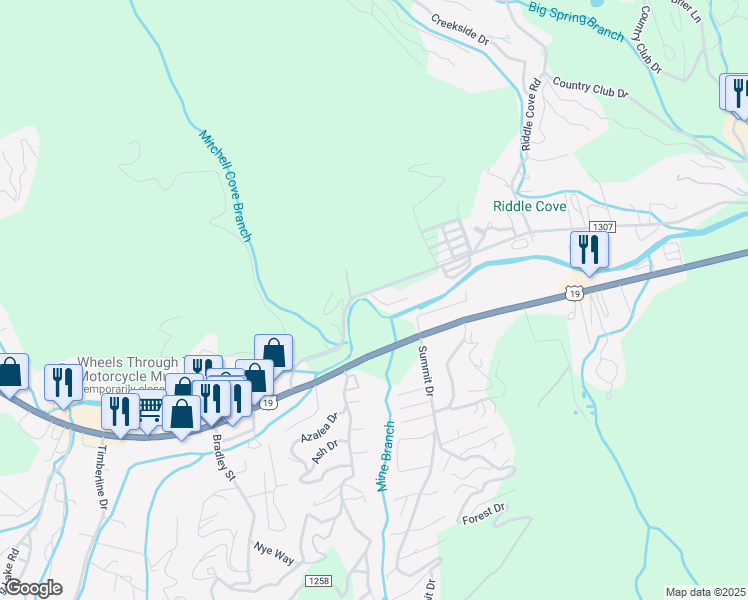 map of restaurants, bars, coffee shops, grocery stores, and more near 12 Indian Trace Road in Maggie Valley