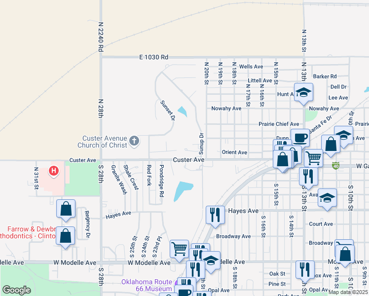 map of restaurants, bars, coffee shops, grocery stores, and more near 123 The Hills Street in Clinton