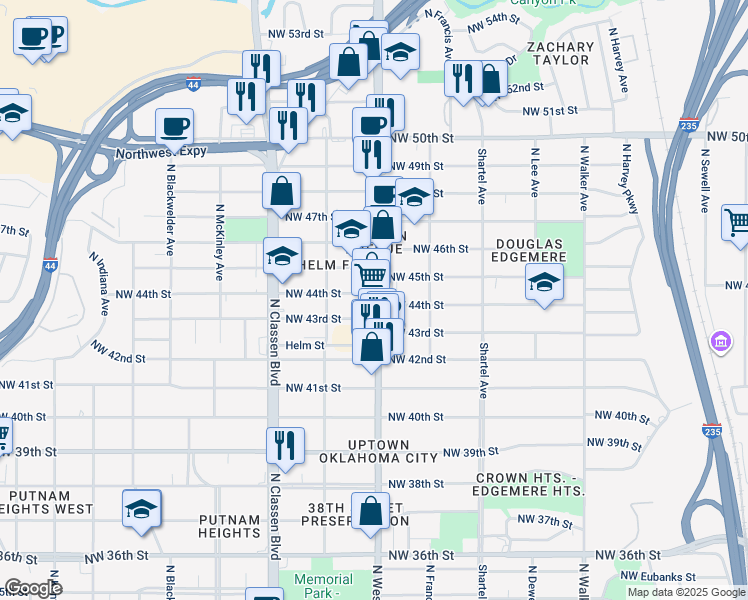 map of restaurants, bars, coffee shops, grocery stores, and more near 4501 North Western Avenue in Oklahoma City