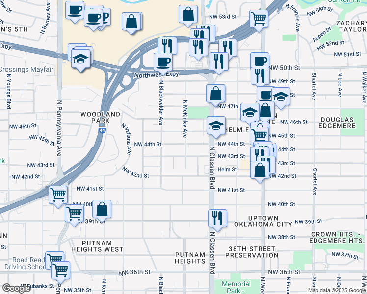map of restaurants, bars, coffee shops, grocery stores, and more near 1500 Northwest 44th Street in Oklahoma City