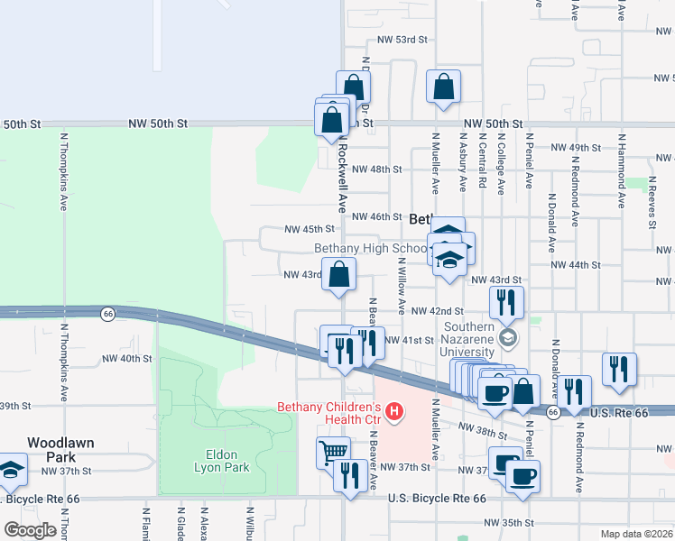 map of restaurants, bars, coffee shops, grocery stores, and more near 4406 North Rockwell Avenue in Bethany