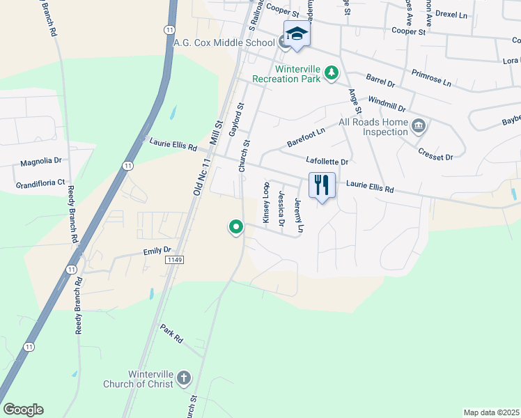 map of restaurants, bars, coffee shops, grocery stores, and more near 2982 Kinsey Loop in Winterville