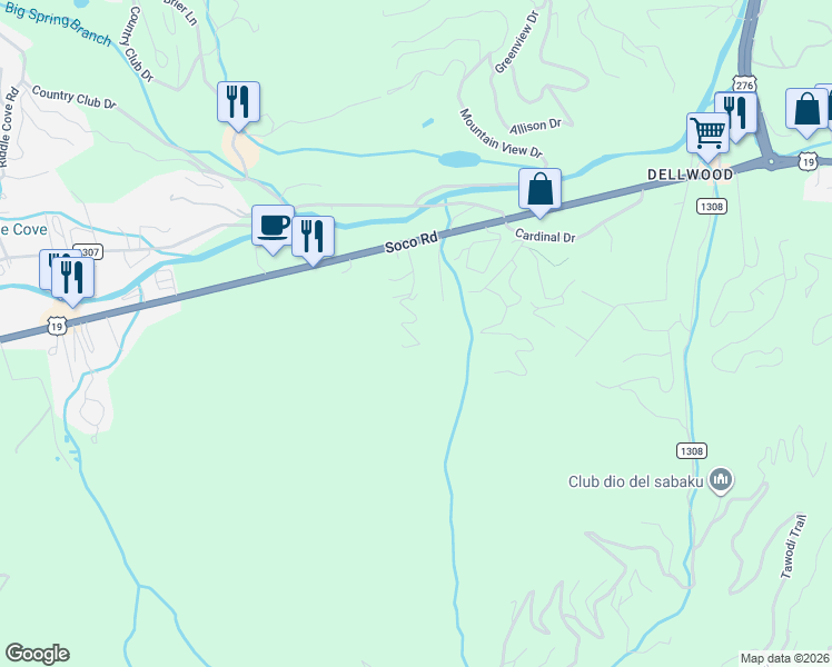 map of restaurants, bars, coffee shops, grocery stores, and more near 215 Appalachian Trail in Maggie Valley