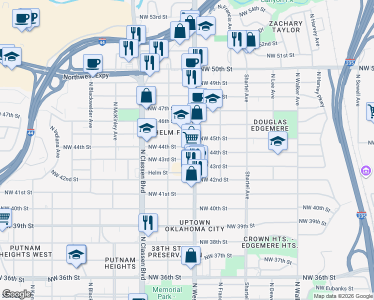 map of restaurants, bars, coffee shops, grocery stores, and more near 4501 North Western Avenue in Oklahoma City