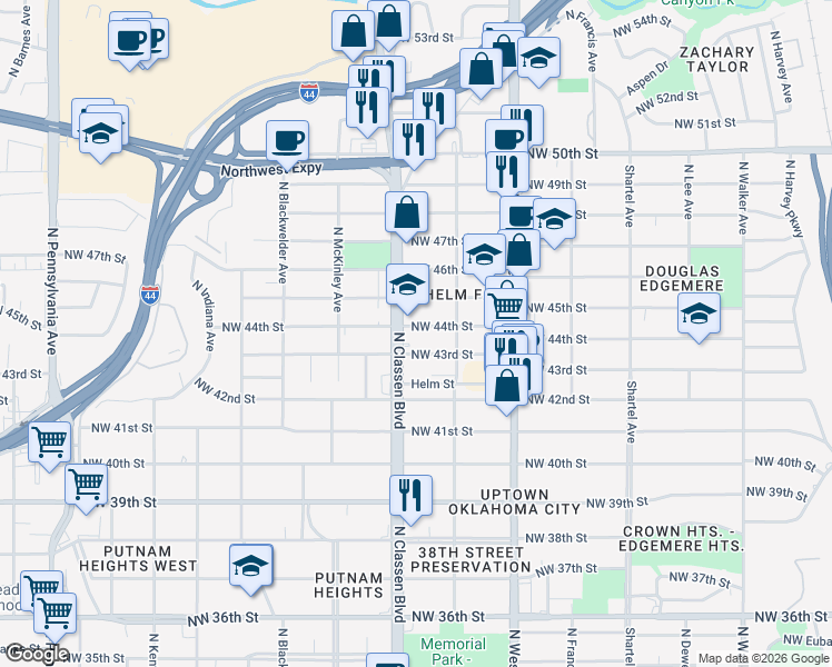 map of restaurants, bars, coffee shops, grocery stores, and more near 1221 Northwest 44th Street in Oklahoma City