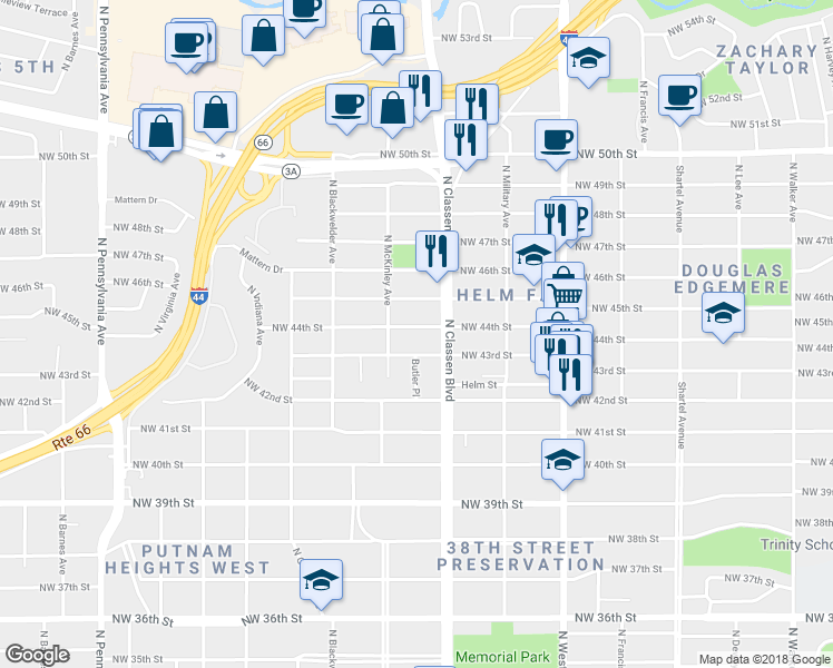 map of restaurants, bars, coffee shops, grocery stores, and more near 1435 Northwest 44th Street in Oklahoma City