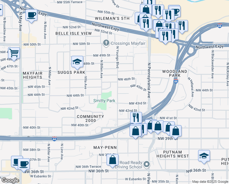 map of restaurants, bars, coffee shops, grocery stores, and more near 4513 North Youngs Boulevard in Oklahoma City
