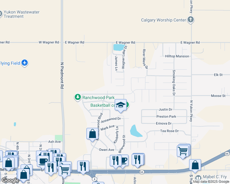 map of restaurants, bars, coffee shops, grocery stores, and more near 601 Linda Lane in Yukon