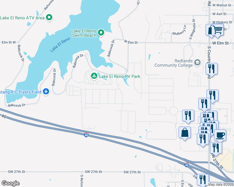 map of restaurants, bars, coffee shops, grocery stores, and more near 1507 Crimson Lake Boulevard in El Reno