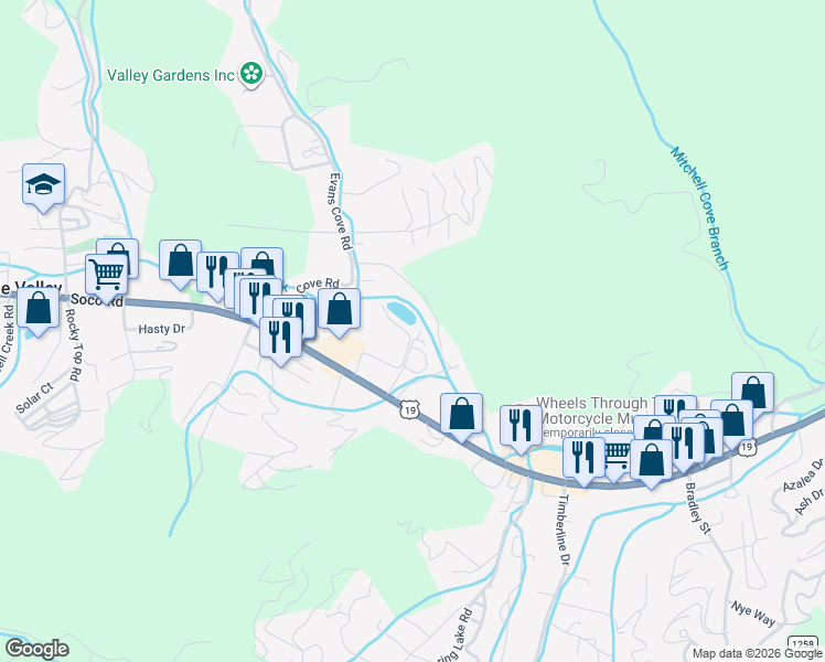 map of restaurants, bars, coffee shops, grocery stores, and more near 210 Wade Reece Way in Maggie Valley