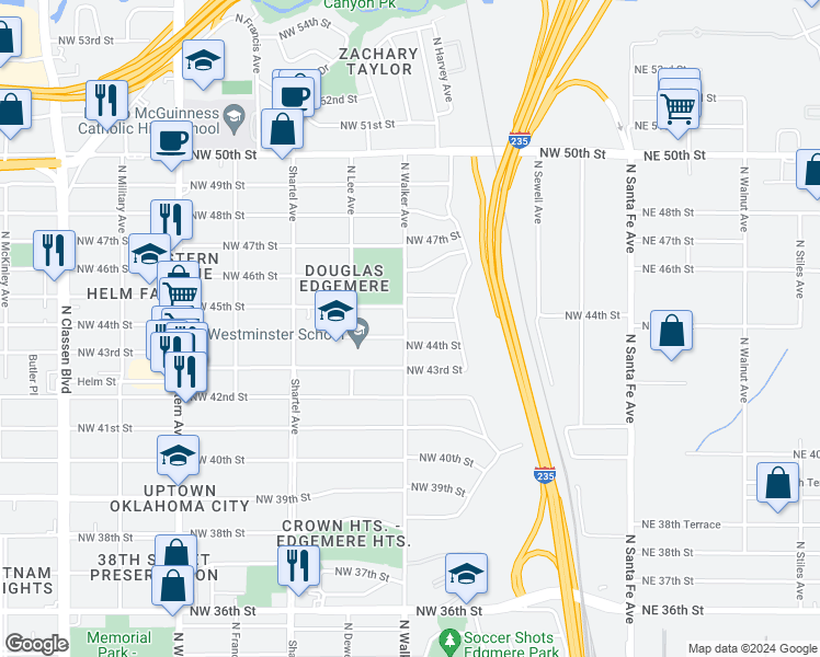 map of restaurants, bars, coffee shops, grocery stores, and more near 440 Northwest 45th Street in Oklahoma City