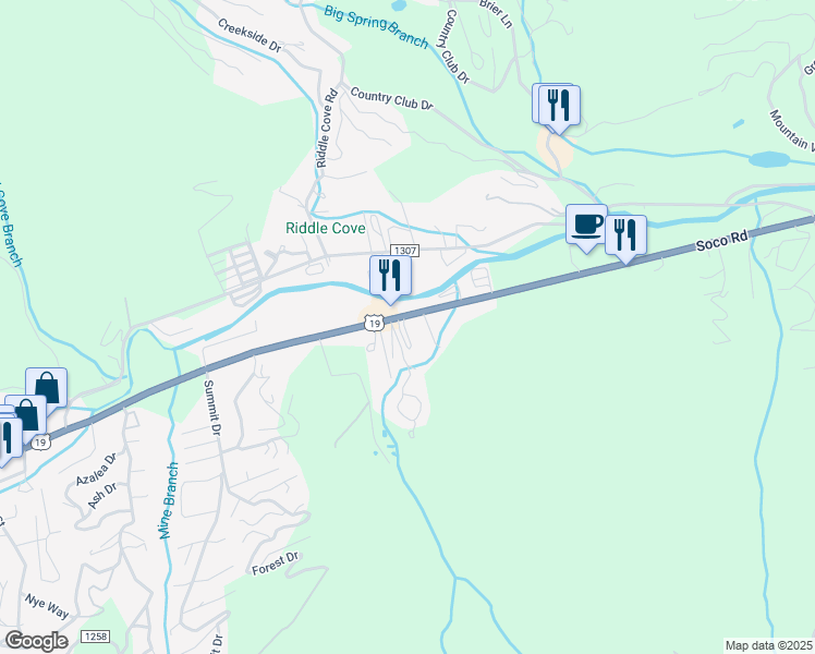 map of restaurants, bars, coffee shops, grocery stores, and more near 1560 Soco Road in Maggie Valley