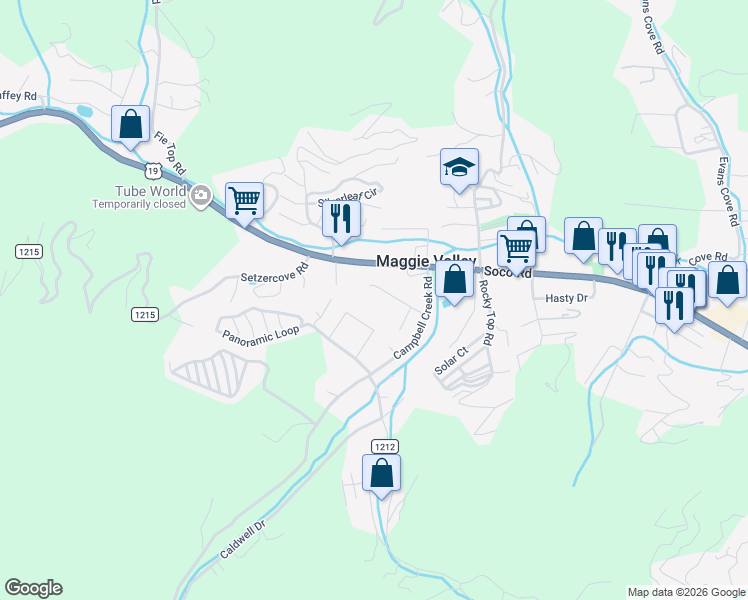 map of restaurants, bars, coffee shops, grocery stores, and more near 75 Fisher Loop in Maggie Valley