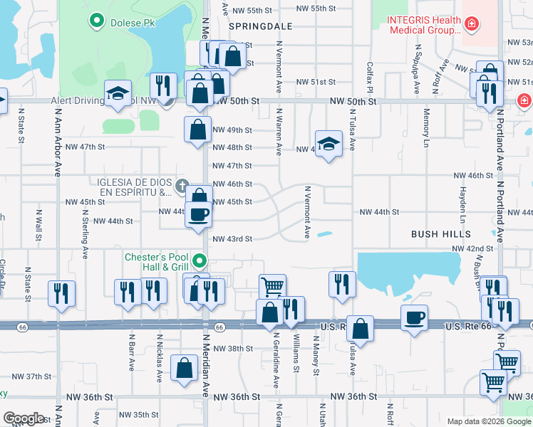 map of restaurants, bars, coffee shops, grocery stores, and more near 4305 Northwest 44th Street in Oklahoma City