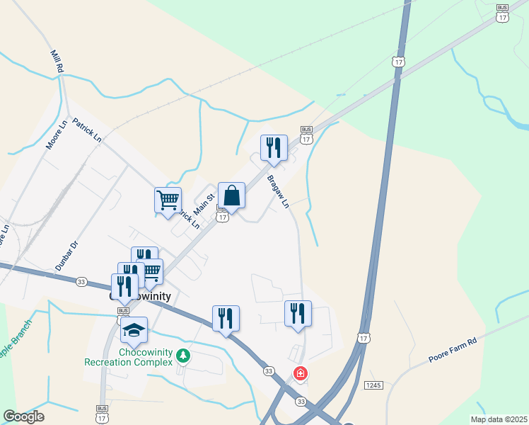 map of restaurants, bars, coffee shops, grocery stores, and more near Windfield Drive in Chocowinity