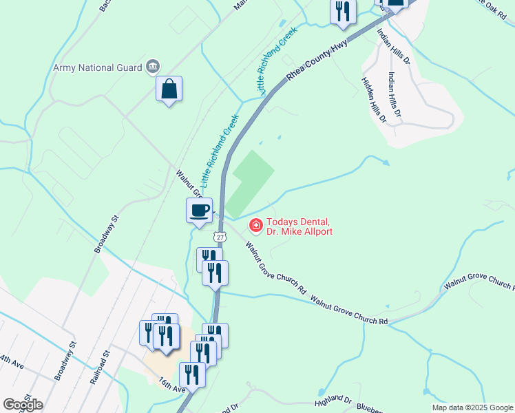 map of restaurants, bars, coffee shops, grocery stores, and more near 136 Twin Oaks Court in Dayton